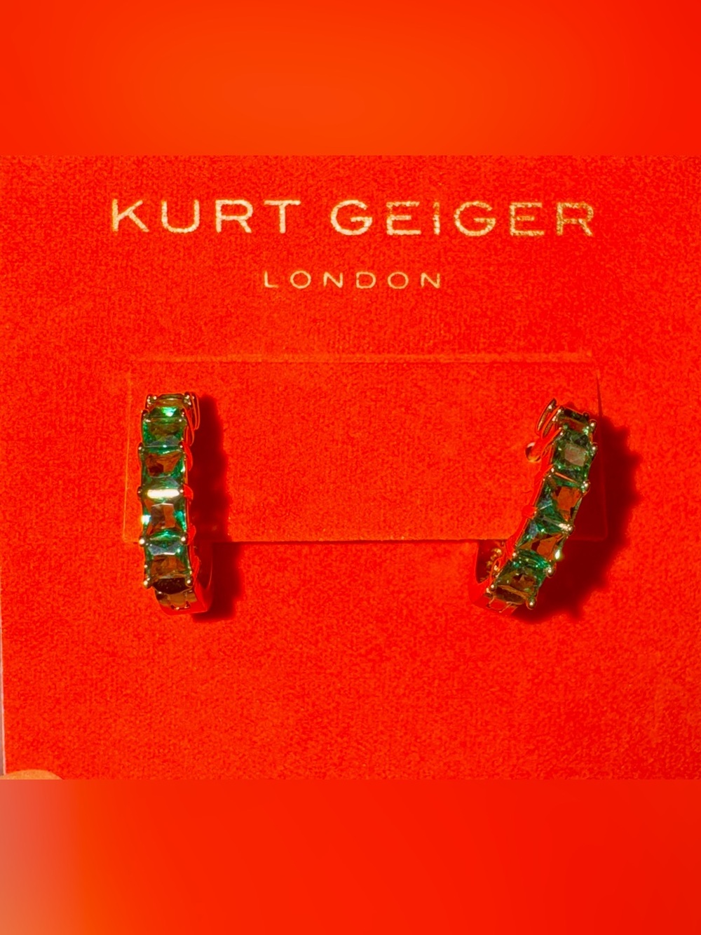 Kurt Geiger Gold Hoops with Green Crystals